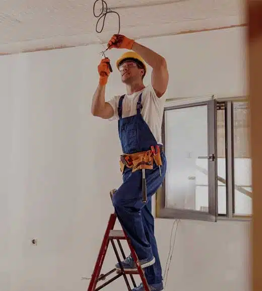 electricista sobre una escalera realizando instalación eléctrica